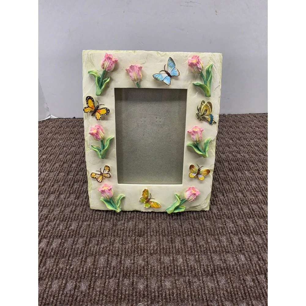 Vintage Style Resin Butterfly and Pink Tulip 3D Floral 4x6 Picture Frame